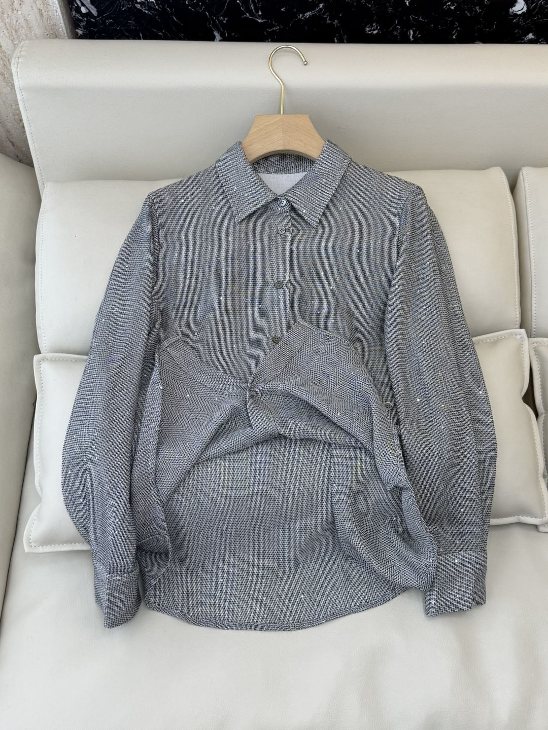 QD7935#新款衬衫💕BC 顶级货 亚麻醋纤 珠片纱 长袖衬衫 灰色 米白色 SMLXL