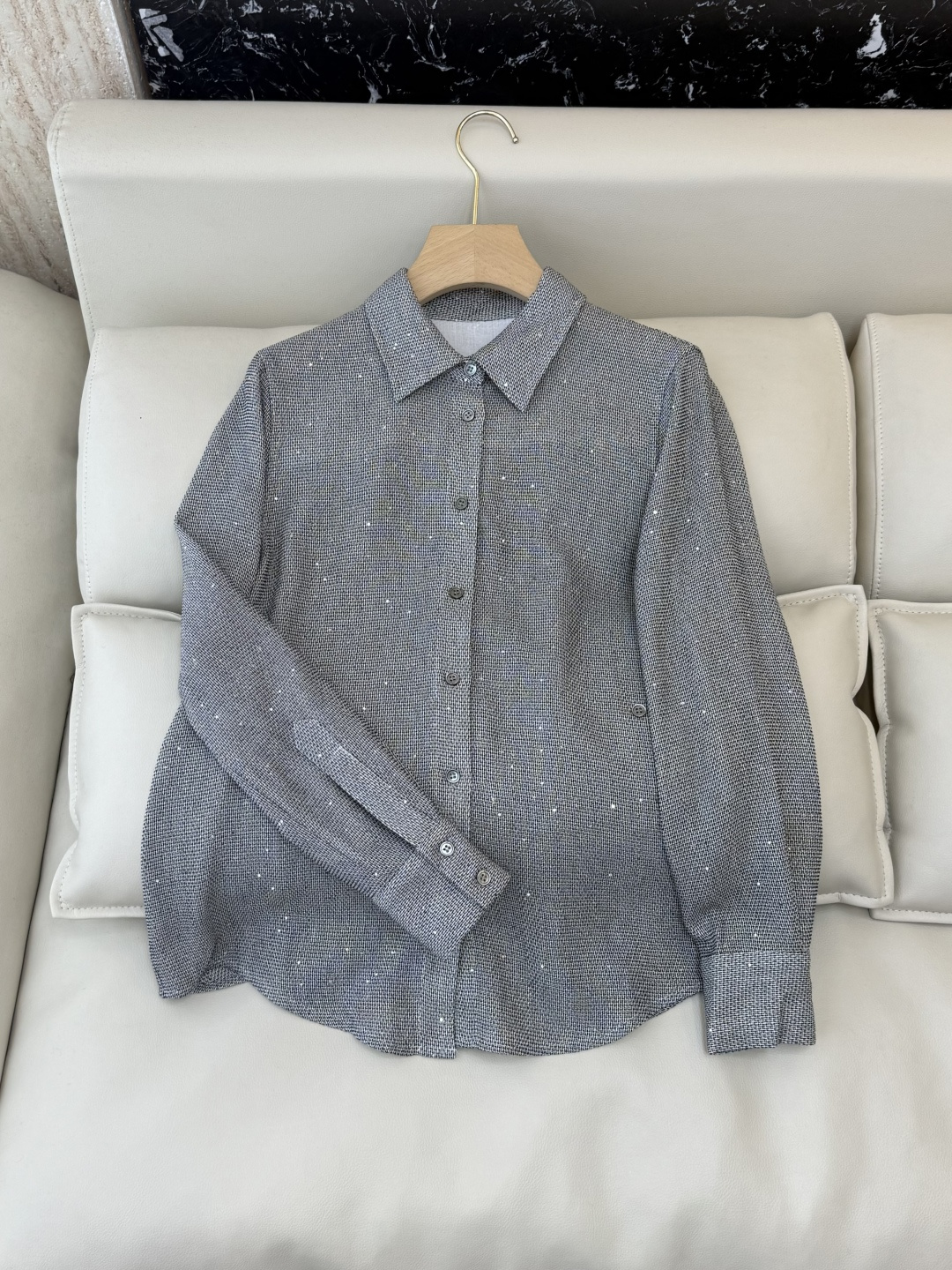 QD7935#新款衬衫💕BC 顶级货 亚麻醋纤 珠片纱 长袖衬衫 灰色 米白色 SMLXL