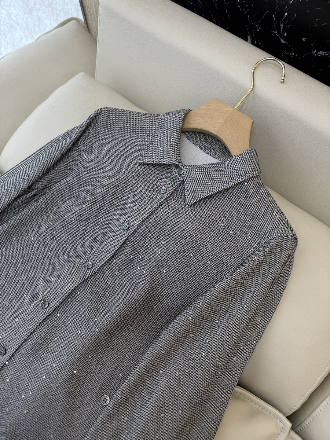 QD7935#新款衬衫💕BC 顶级货 亚麻醋纤 珠片纱 长袖衬衫 灰色 米白色 SMLXL