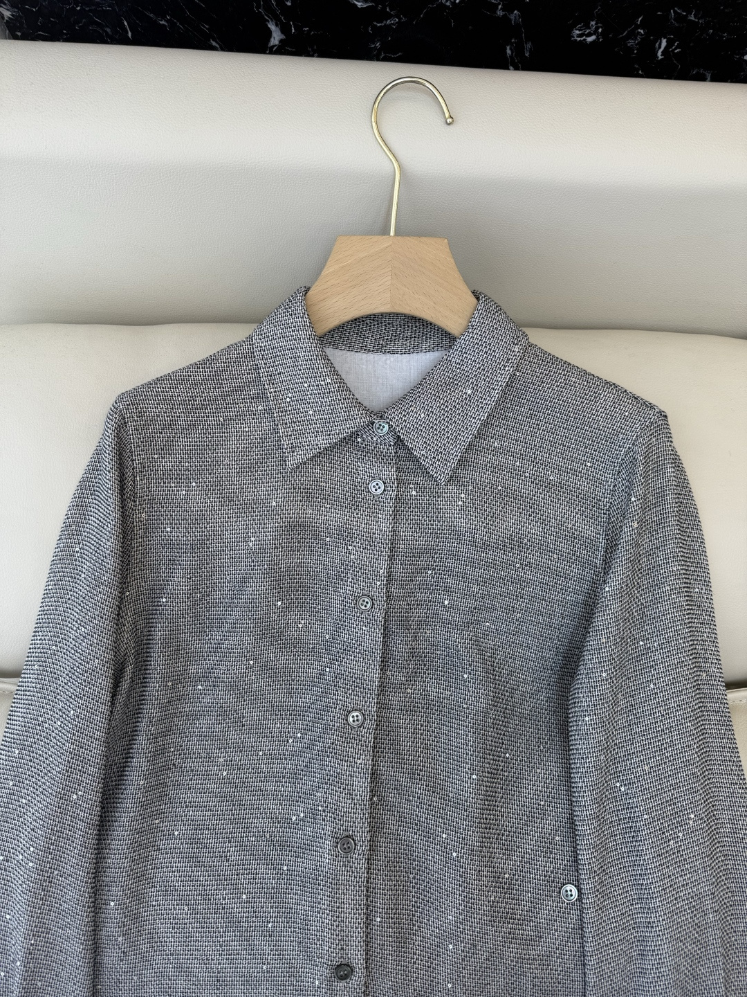 QD7935#新款衬衫💕BC 顶级货 亚麻醋纤 珠片纱 长袖衬衫 灰色 米白色 SMLXL