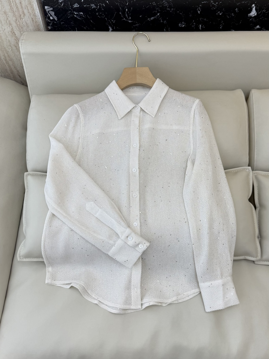 QD7935#新款衬衫💕BC 顶级货 亚麻醋纤 珠片纱 长袖衬衫 灰色 米白色 SMLXL