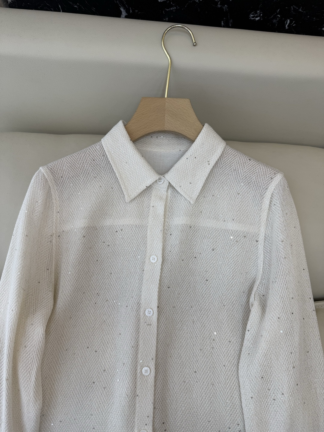 QD7935#新款衬衫💕BC 顶级货 亚麻醋纤 珠片纱 长袖衬衫 灰色 米白色 SMLXL