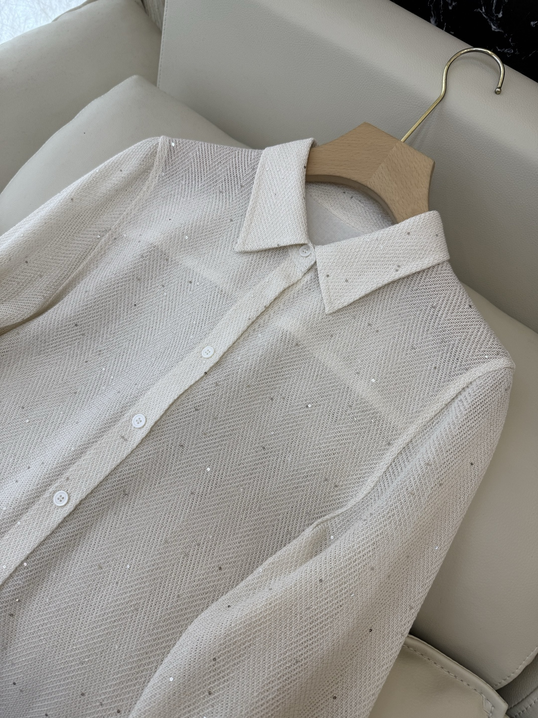 QD7935#新款衬衫💕BC 顶级货 亚麻醋纤 珠片纱 长袖衬衫 灰色 米白色 SMLXL