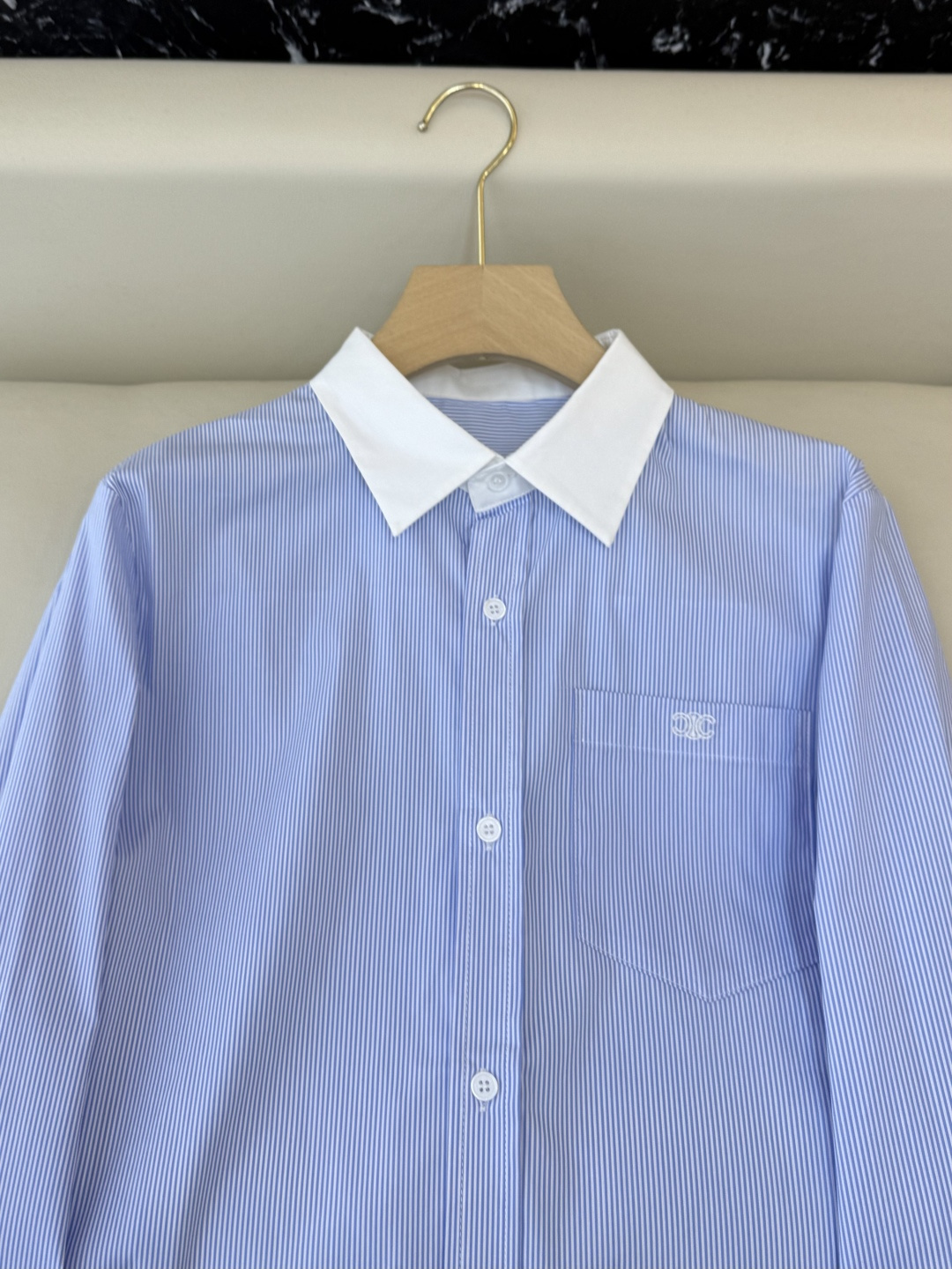 CY079#新款衬衫💕celine 家 字母绣花 长款纯棉衬衫 蓝色 SML