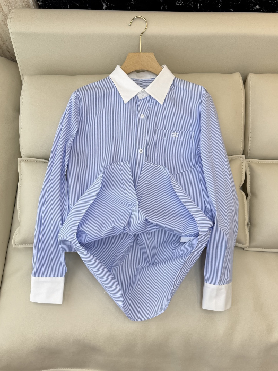 CY079#新款衬衫💕celine 家 字母绣花 长款纯棉衬衫 蓝色 SML