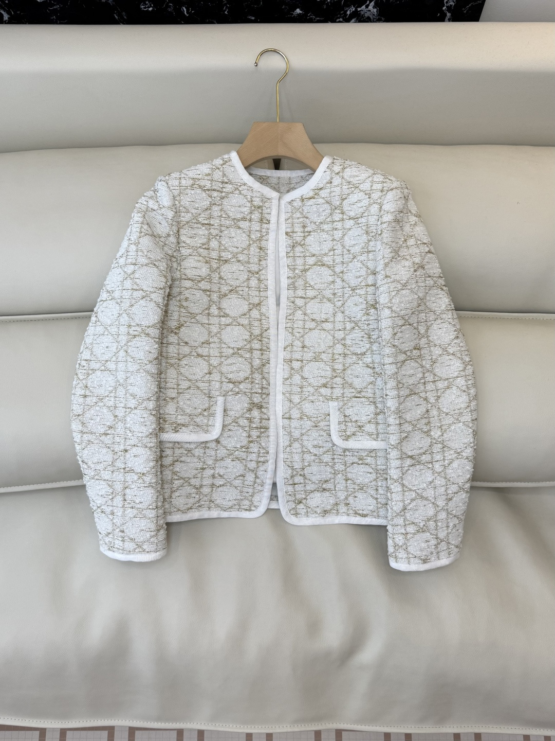 XZ0145#新款外套💕Dior 菱形格 长袖粗花呢外套 米白色SMLXL