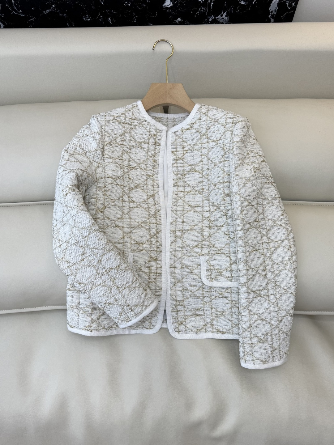 XZ0145#新款外套💕Dior 菱形格 长袖粗花呢外套 米白色SMLXL