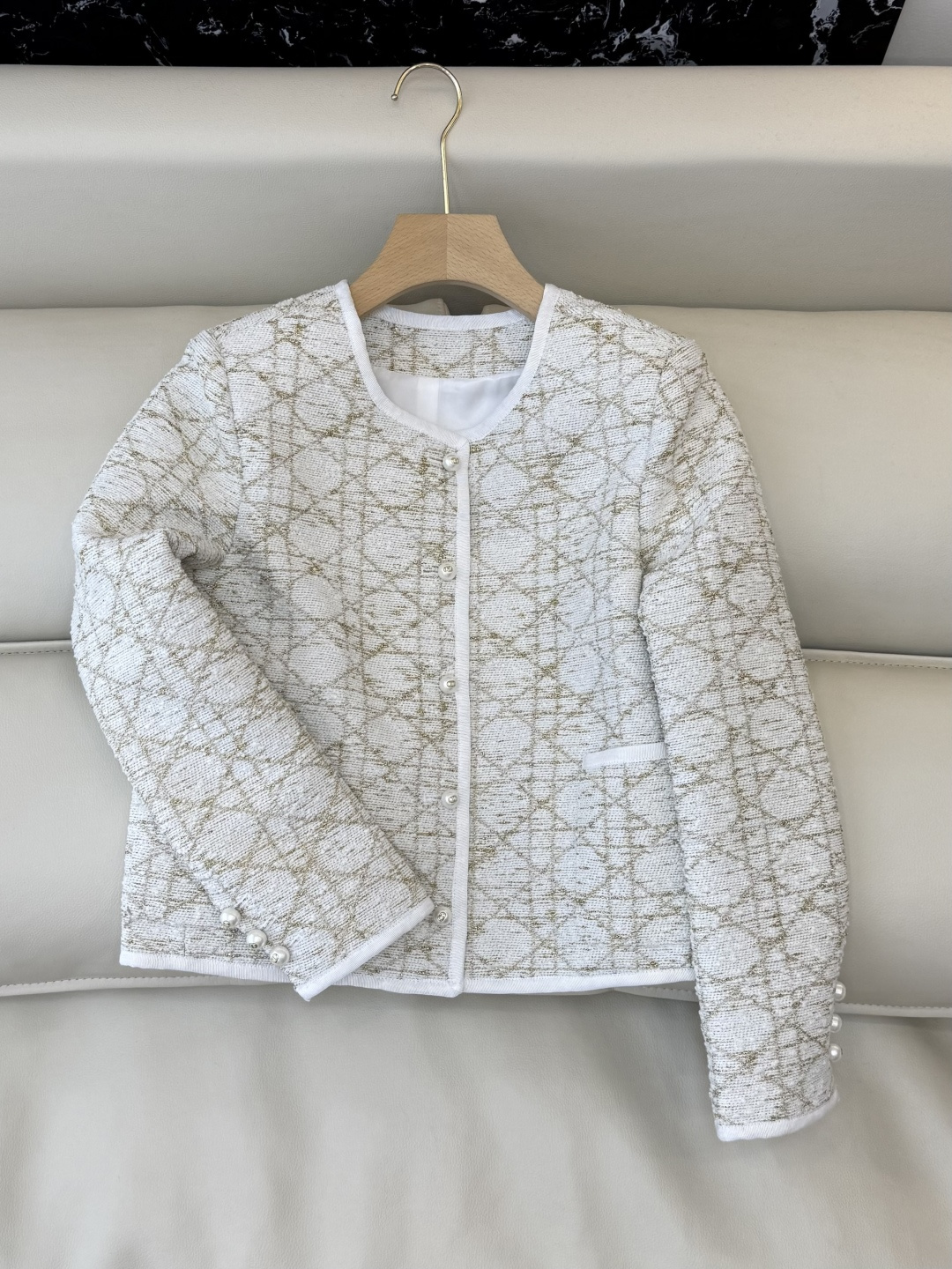 XZ0143#新款外套💕Dior 菱形格 长袖粗花呢外套 米白色 蓝色 SMLXL