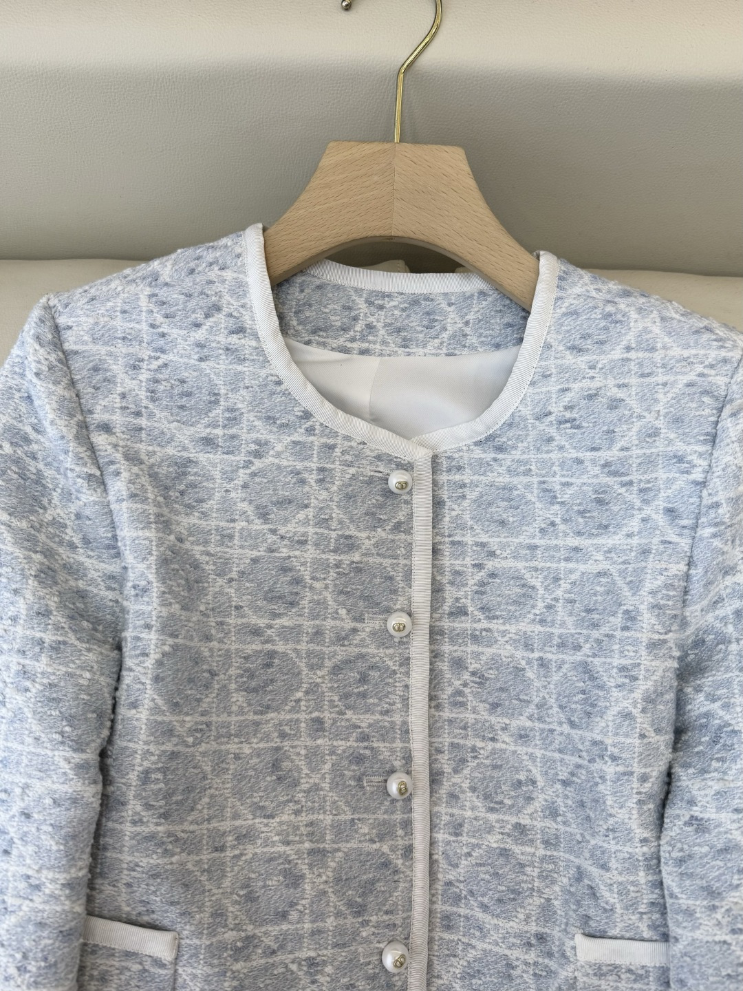 XZ0143#新款外套💕Dior 菱形格 长袖粗花呢外套 米白色 蓝色 SMLXL