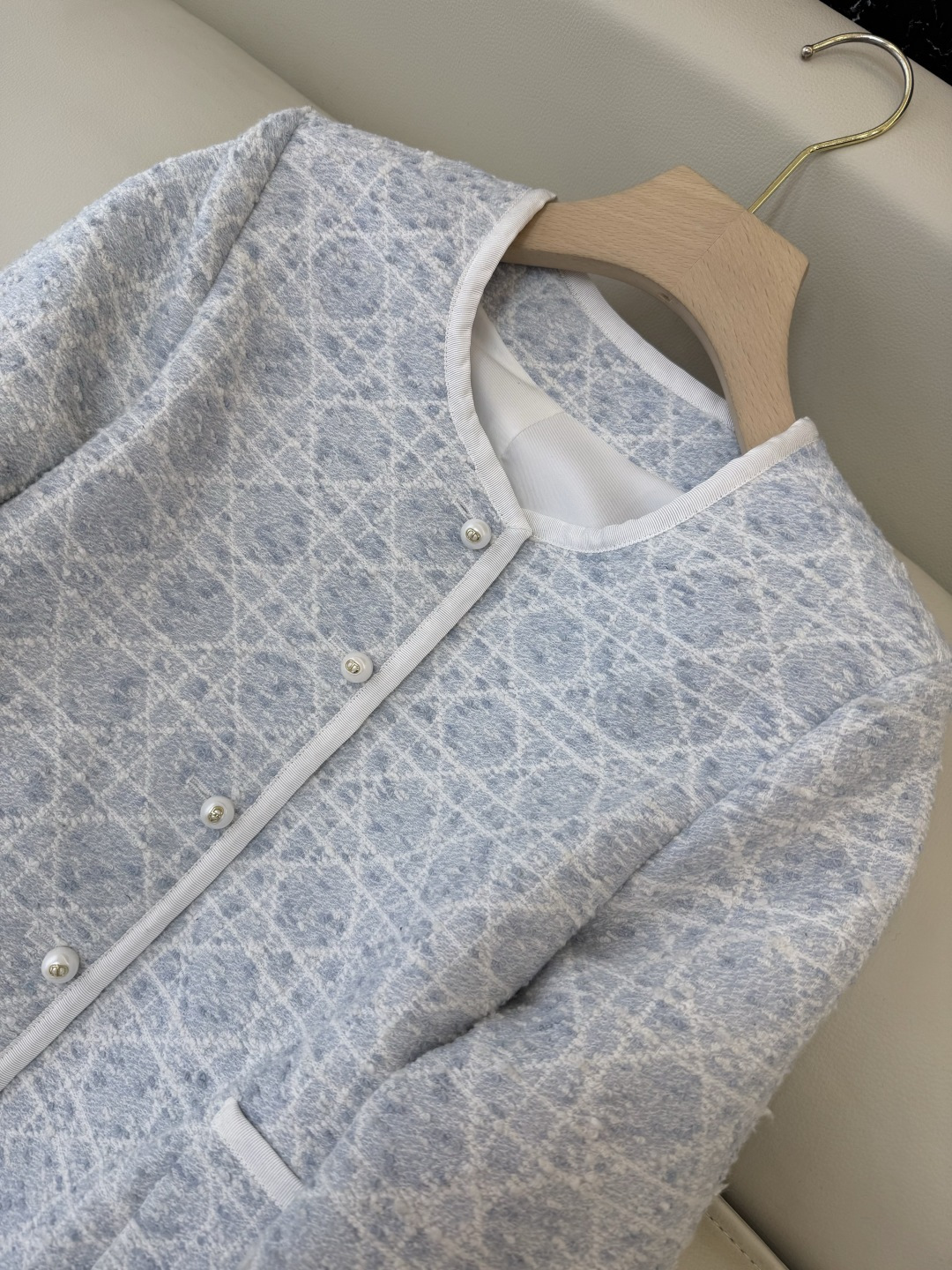 XZ0143#新款外套💕Dior 菱形格 长袖粗花呢外套 米白色 蓝色 SMLXL