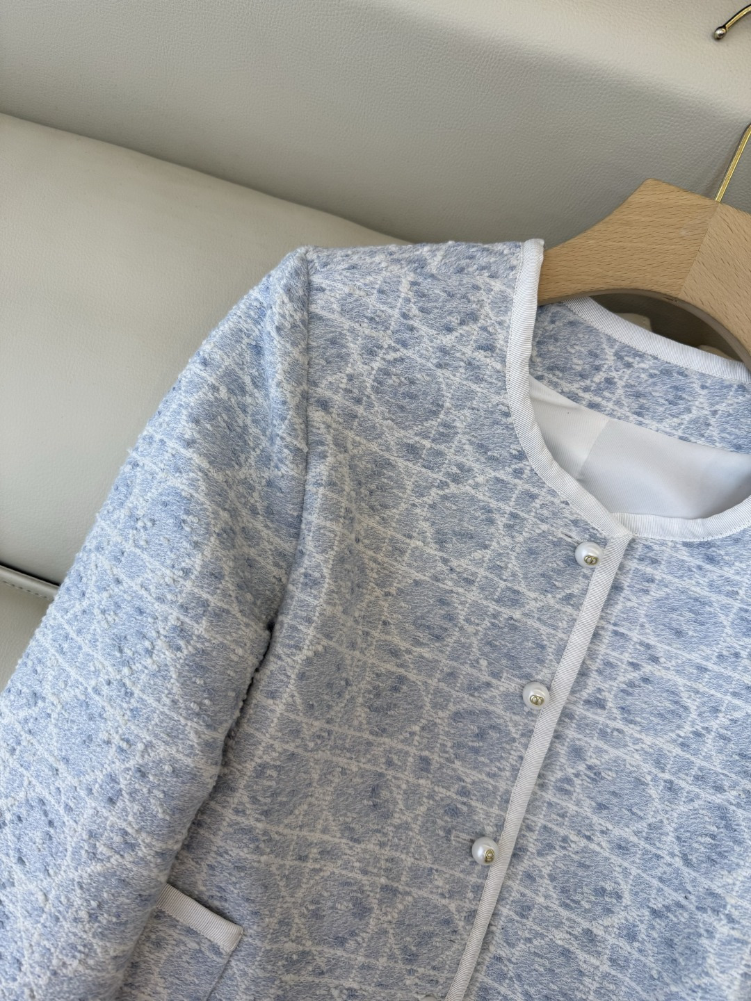 XZ0143#新款外套💕Dior 菱形格 长袖粗花呢外套 米白色 蓝色 SMLXL