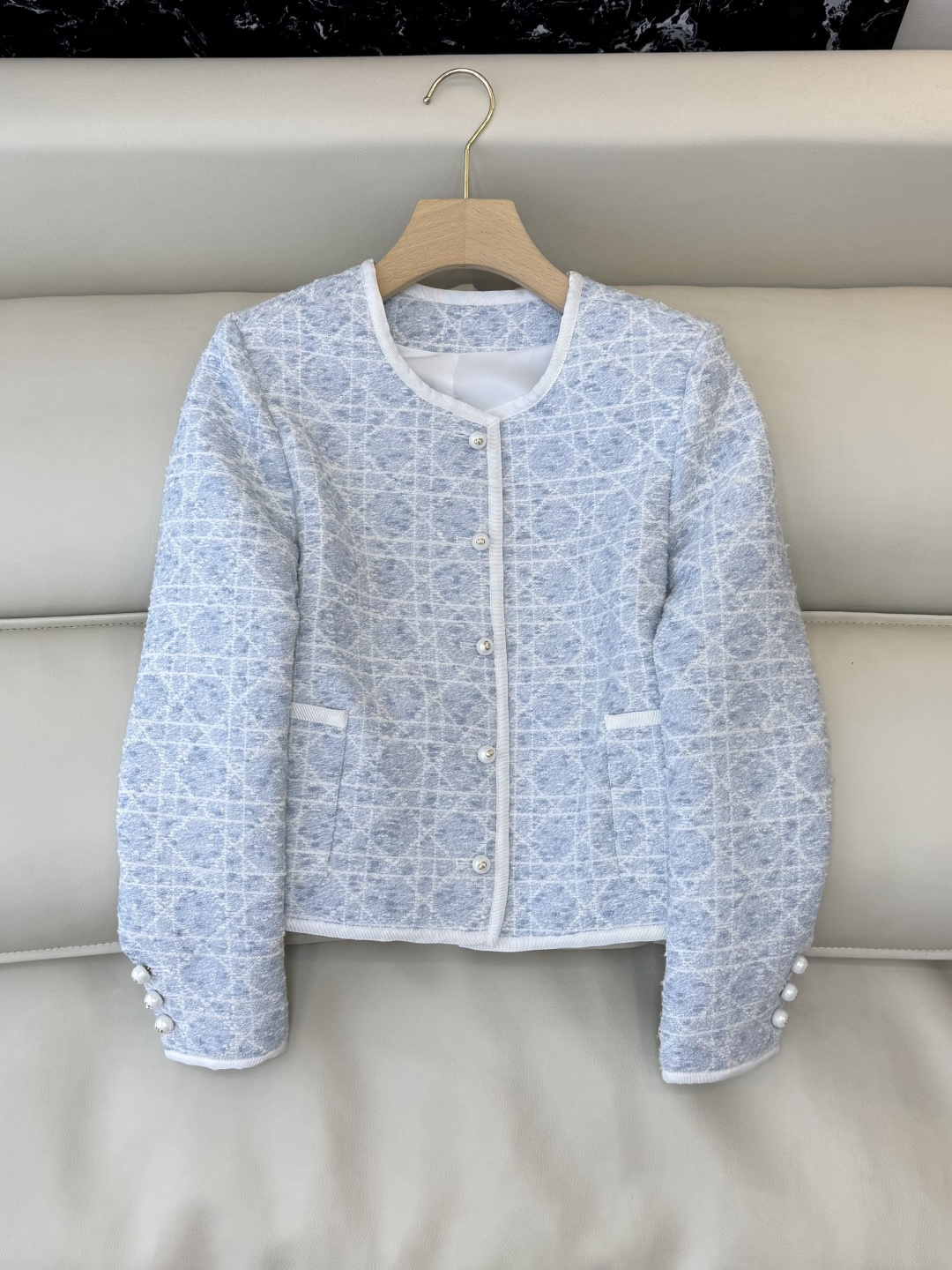 XZ0143#新款外套💕Dior 菱形格 长袖粗花呢外套 米白色 蓝色 SMLXL