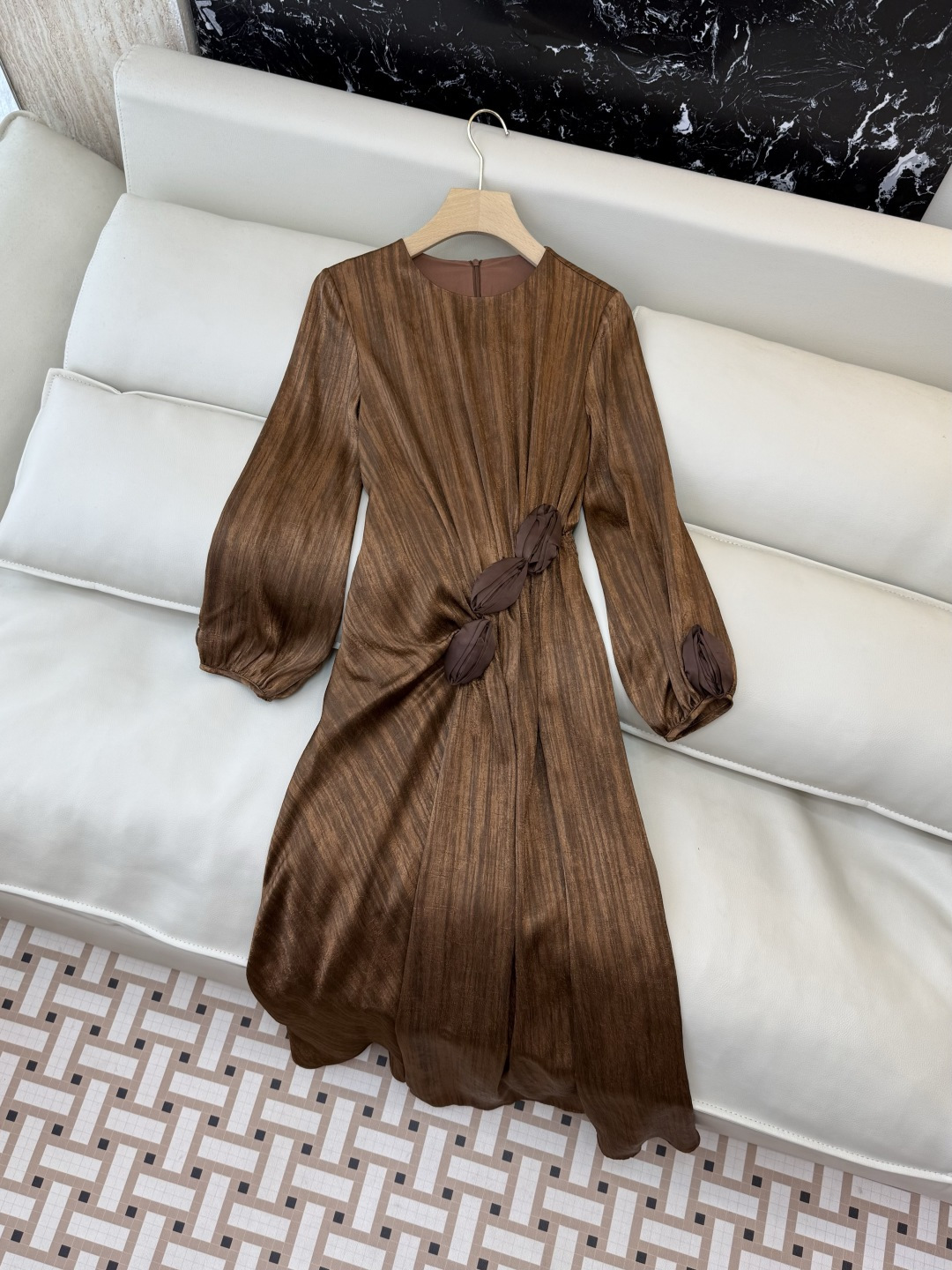 XF046#新款连衣裙💕鎏金岁月 显瘦长袖 连衣裙 黑色 咖色 SM LXL