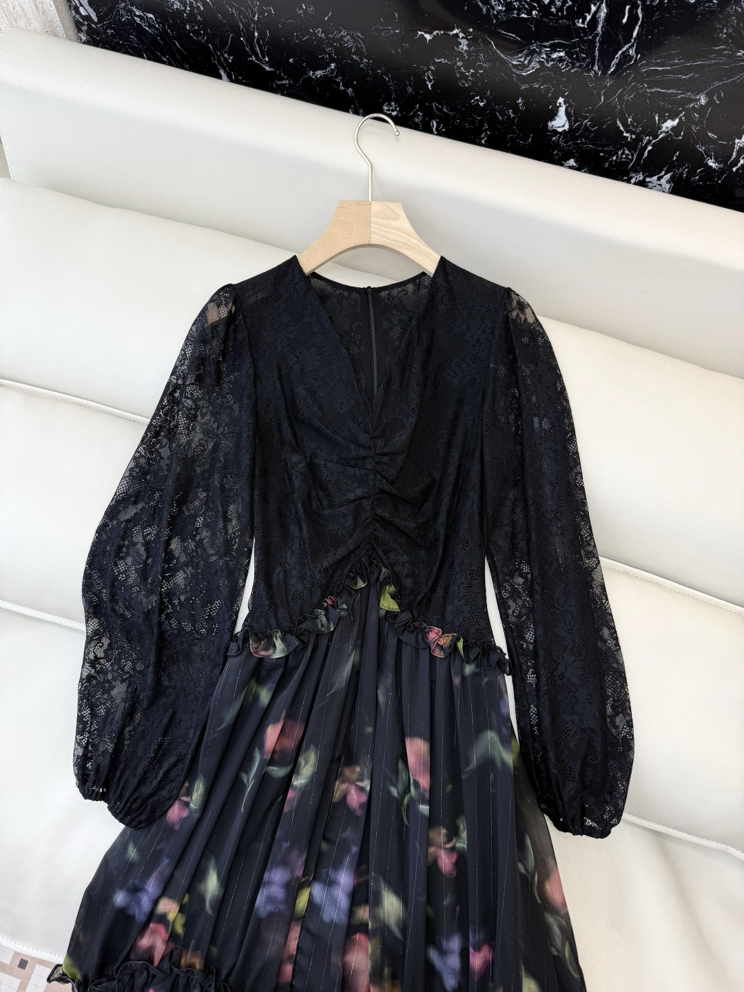XF056#新款套装💕飘逸印花长袖V领蕾丝长裙 连衣裙 SMLXL