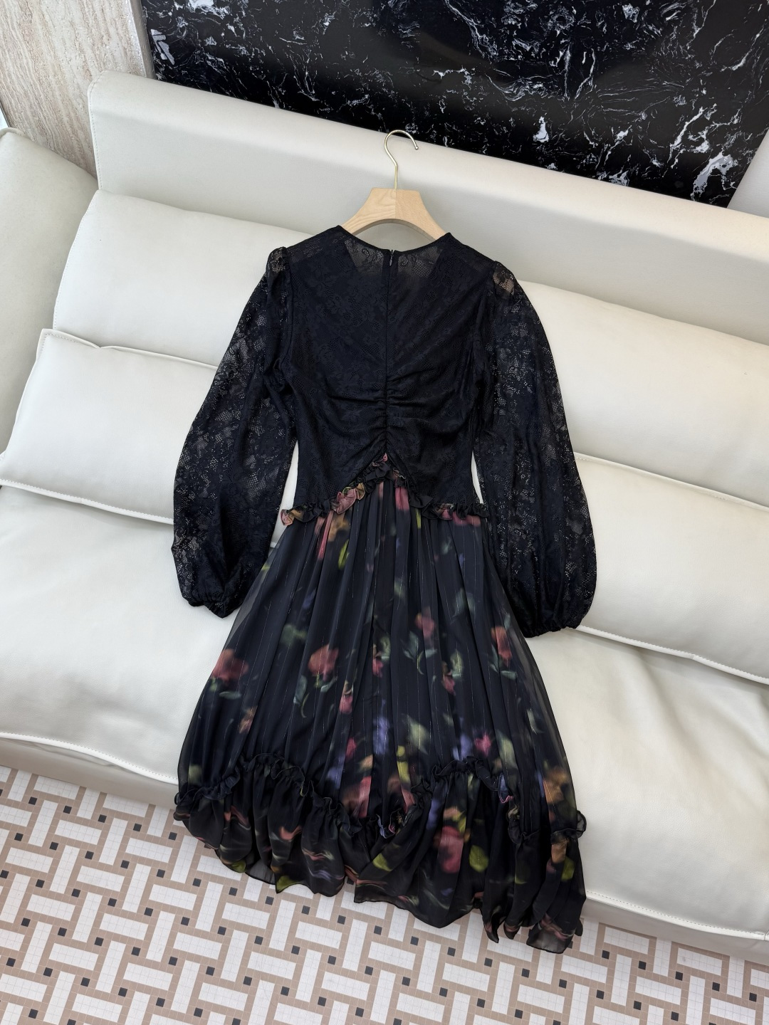 XF056#新款套装💕飘逸印花长袖V领蕾丝长裙 连衣裙 SMLXL