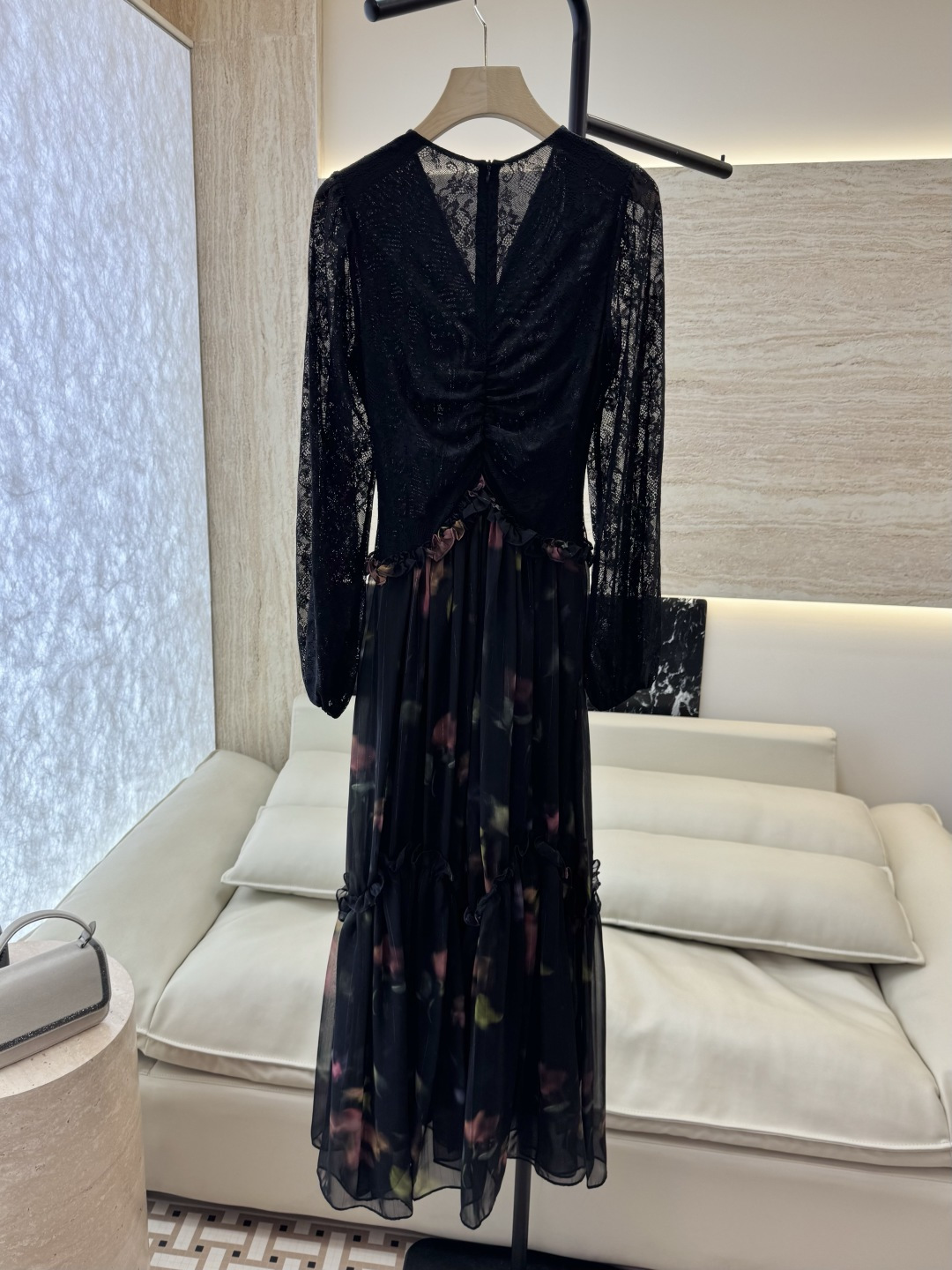 XF056#新款套装💕飘逸印花长袖V领蕾丝长裙 连衣裙 SMLXL