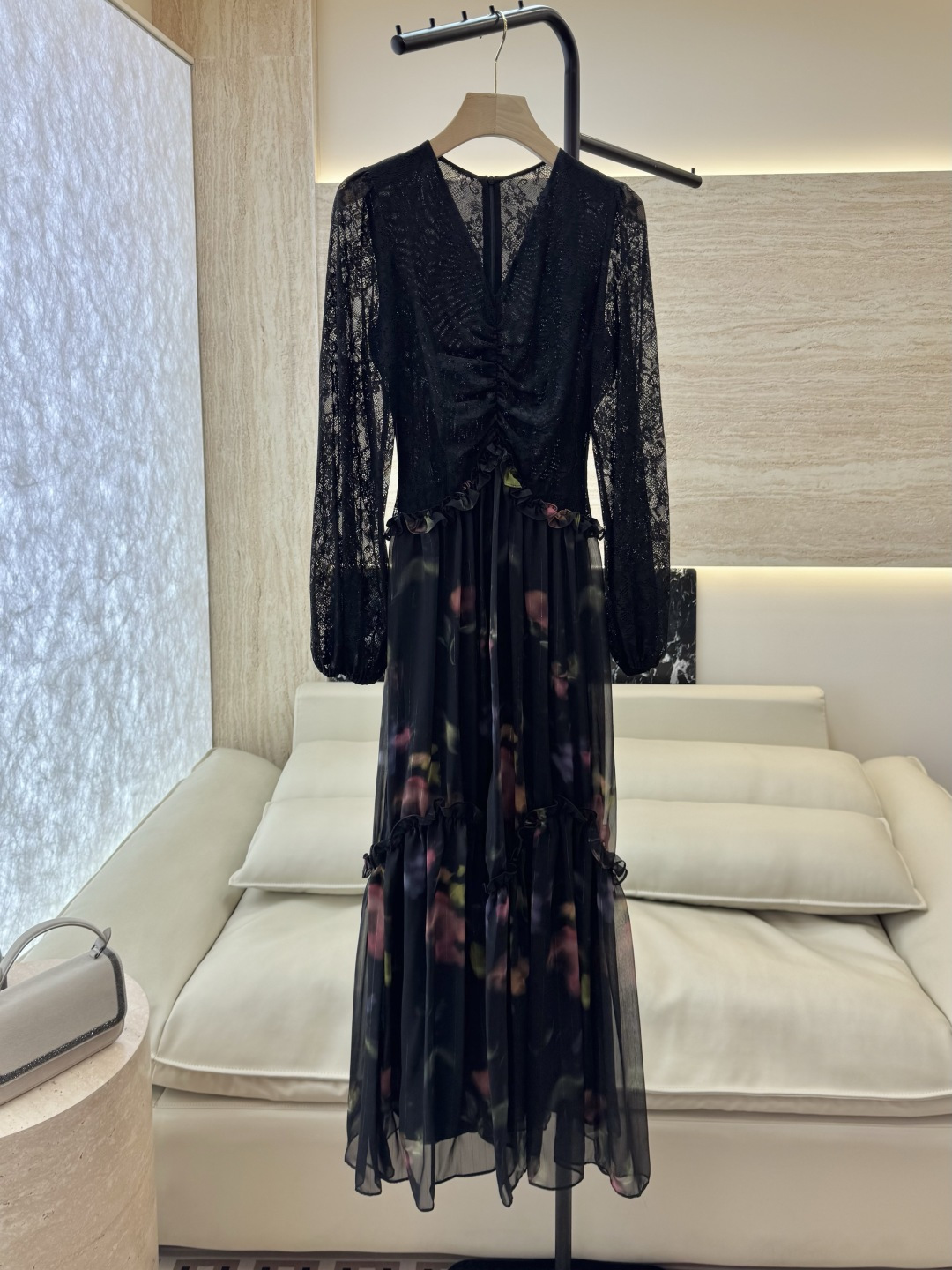 XF056#新款套装💕飘逸印花长袖V领蕾丝长裙 连衣裙 SMLXL