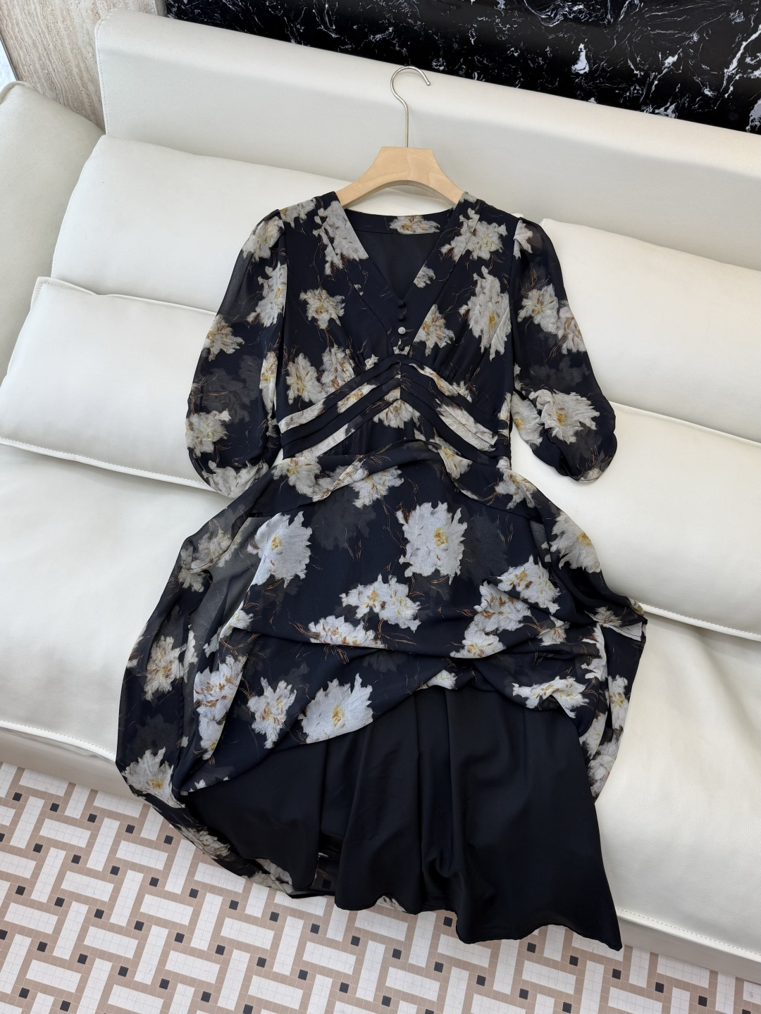 XF055#新款套装💕飘逸印花长袖V领 长裙 连衣裙 SMLXL