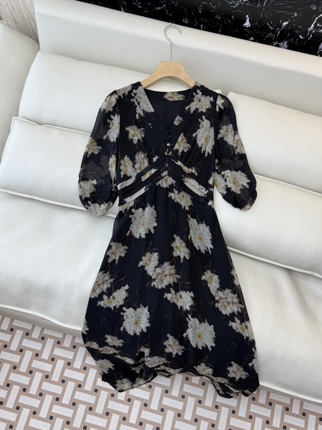 XF055#新款套装💕飘逸印花长袖V领 长裙 连衣裙 SMLXL