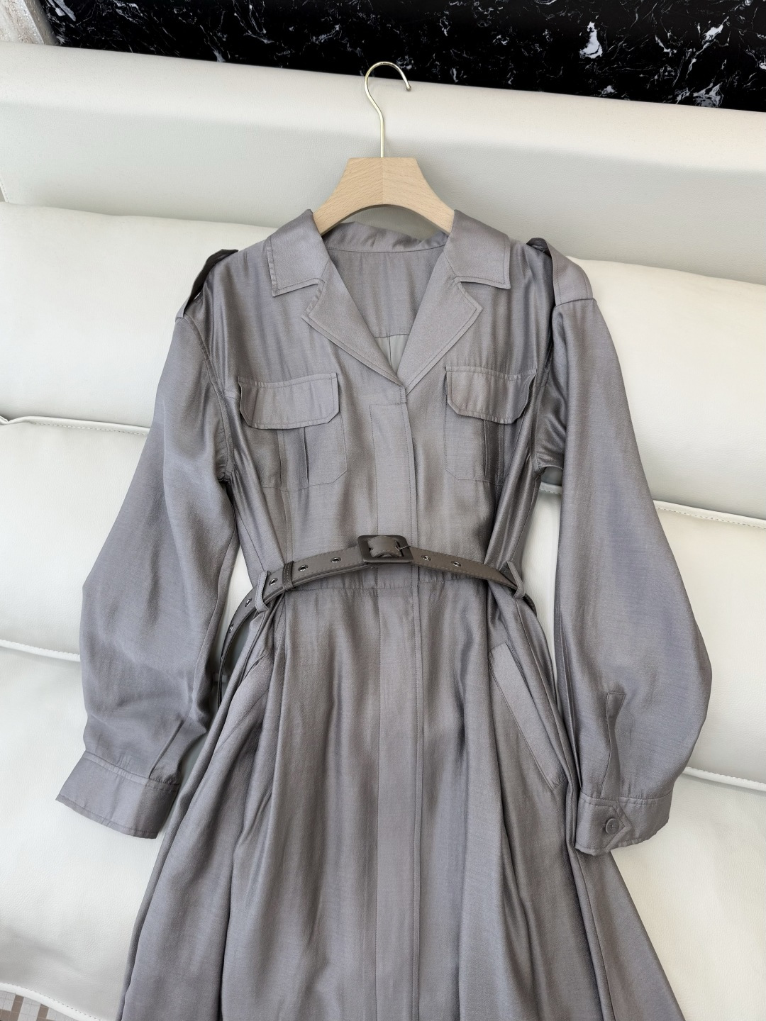 XF063#新款连衣裙💕飘逸衬衫领 长袖 长裙 连衣裙 蓝色 灰色 酒红色 SMLXL