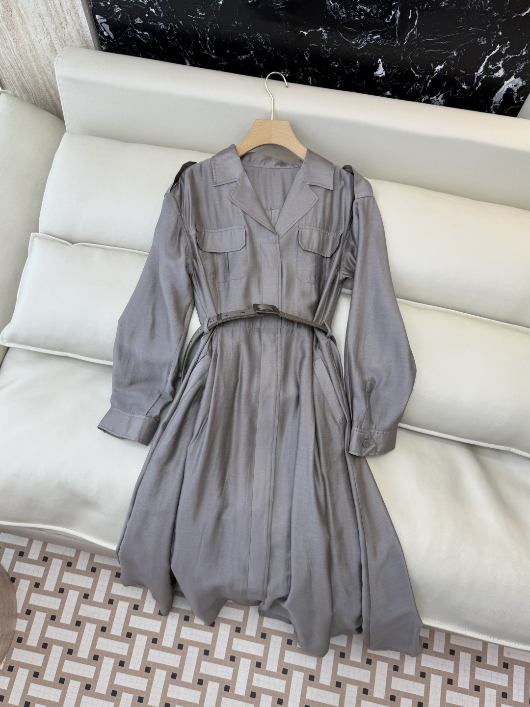 XF063#新款连衣裙💕飘逸衬衫领 长袖 长裙 连衣裙 蓝色 灰色 酒红色 SMLXL