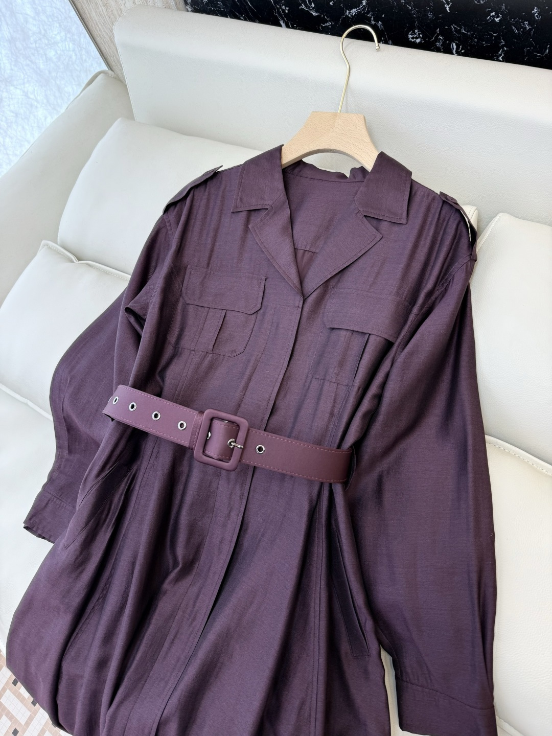 XF063#新款连衣裙💕飘逸衬衫领 长袖 长裙 连衣裙 蓝色 灰色 酒红色 SMLXL