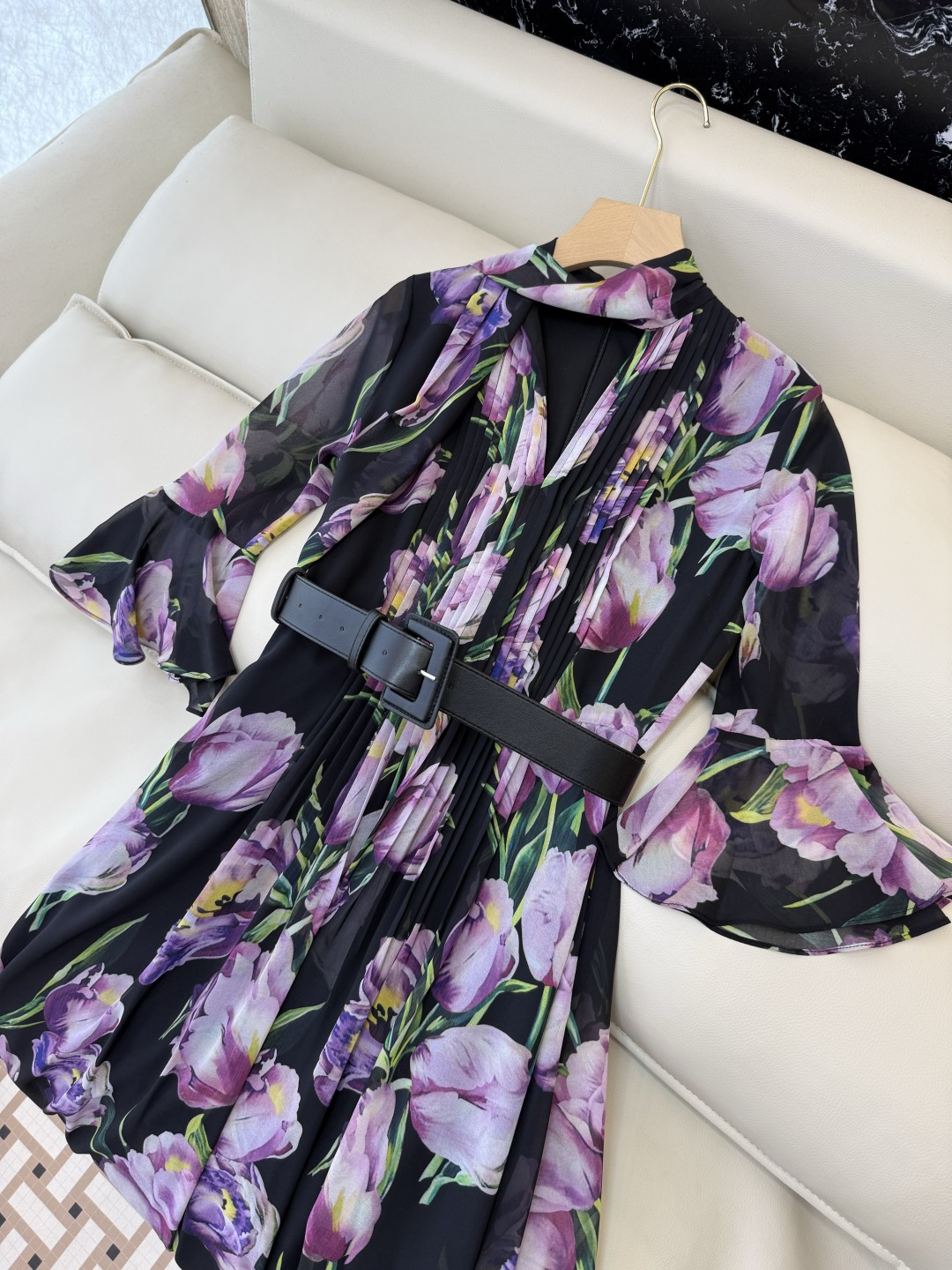 XF052#新款套装💕飘逸印花长袖V领 长裙 连衣裙 SMLXL