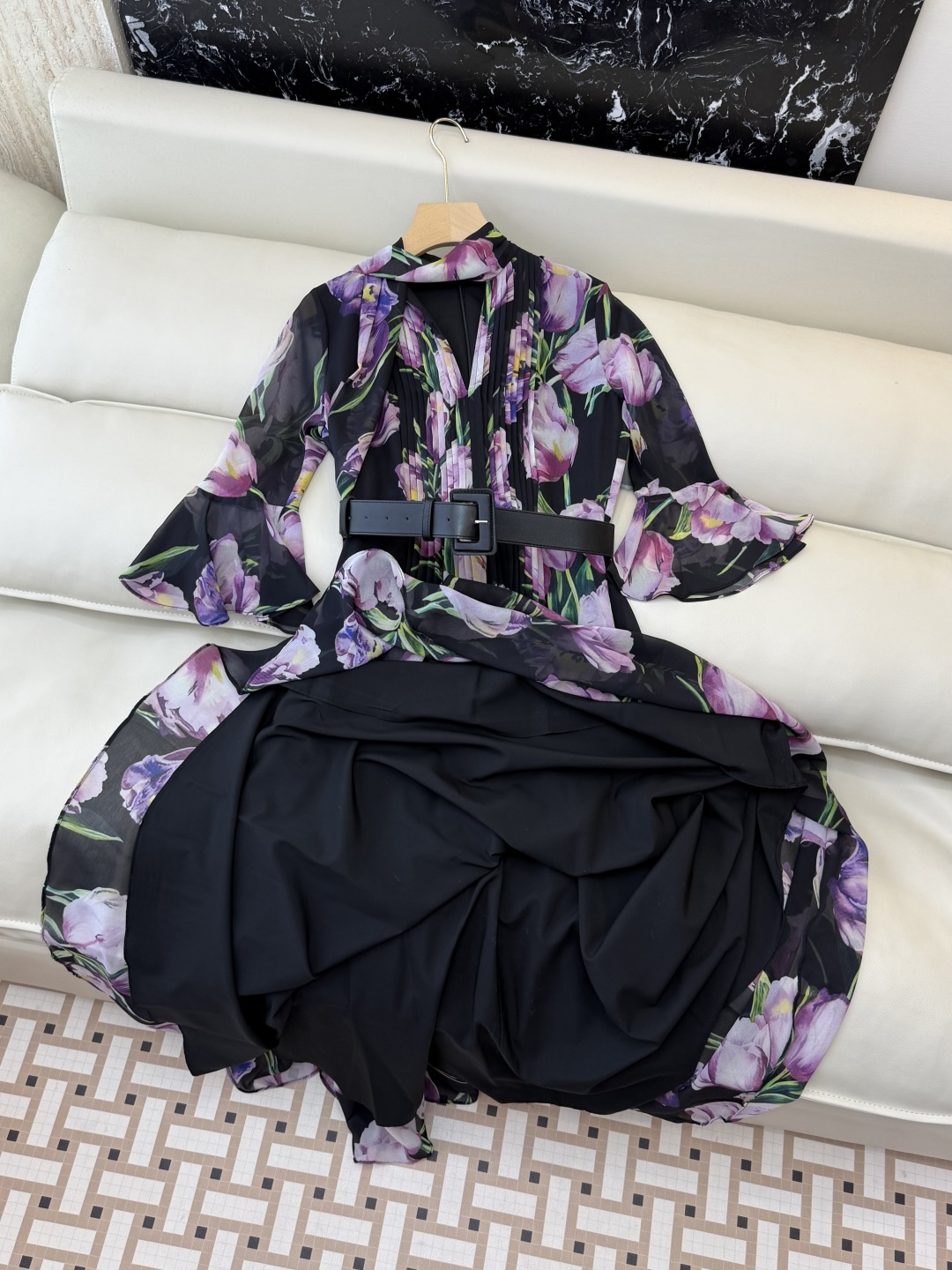 XF052#新款套装💕飘逸印花长袖V领 长裙 连衣裙 SMLXL