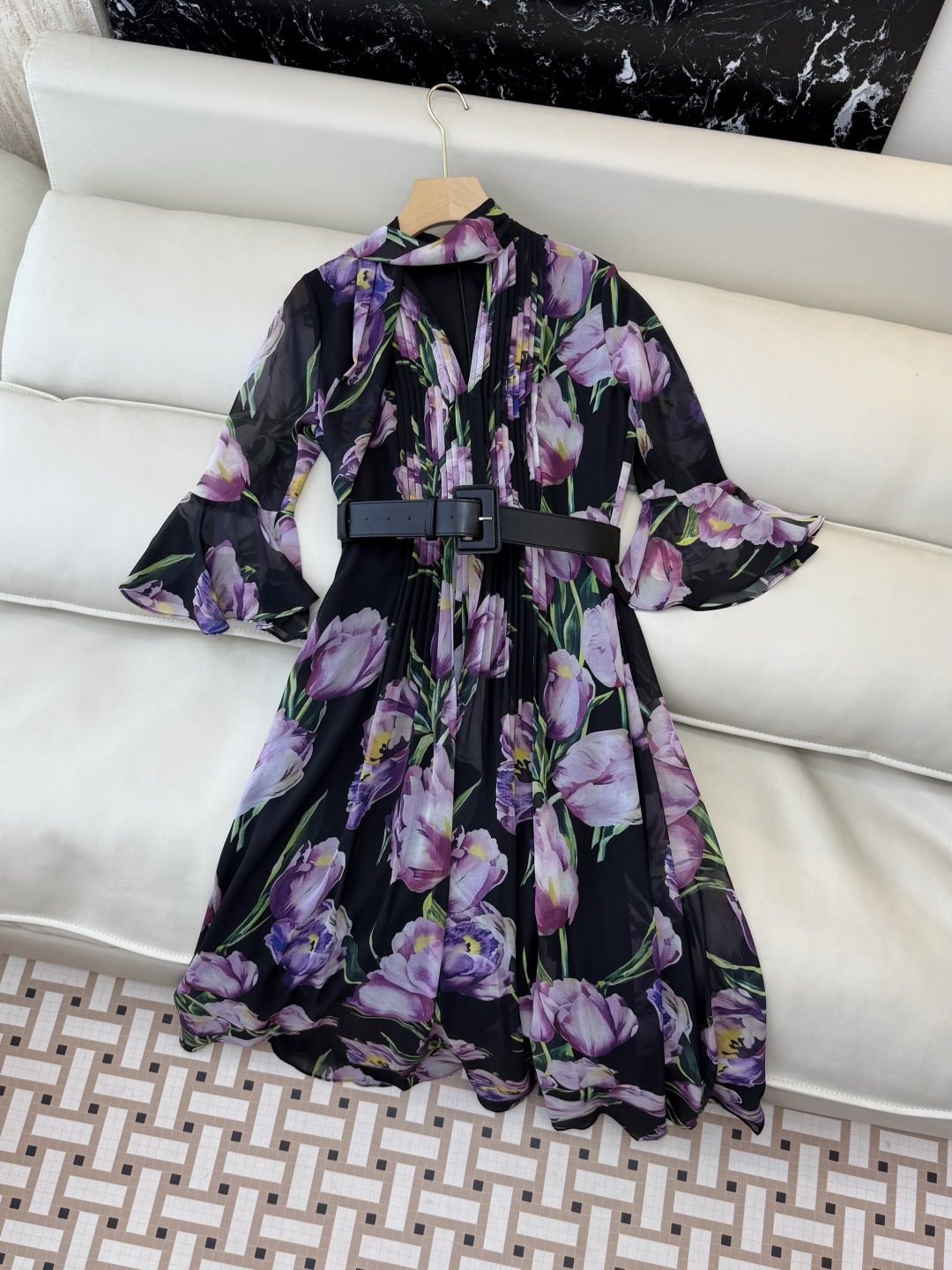 XF052#新款套装💕飘逸印花长袖V领 长裙 连衣裙 SMLXL