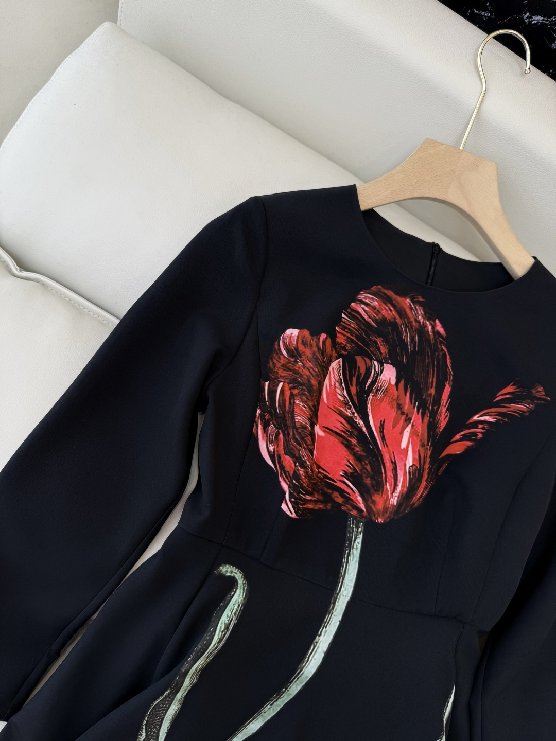 XF066#新款连衣裙💕郁金香印花 小黑裙 长袖长裙 连衣裙 黑色 SMLXL