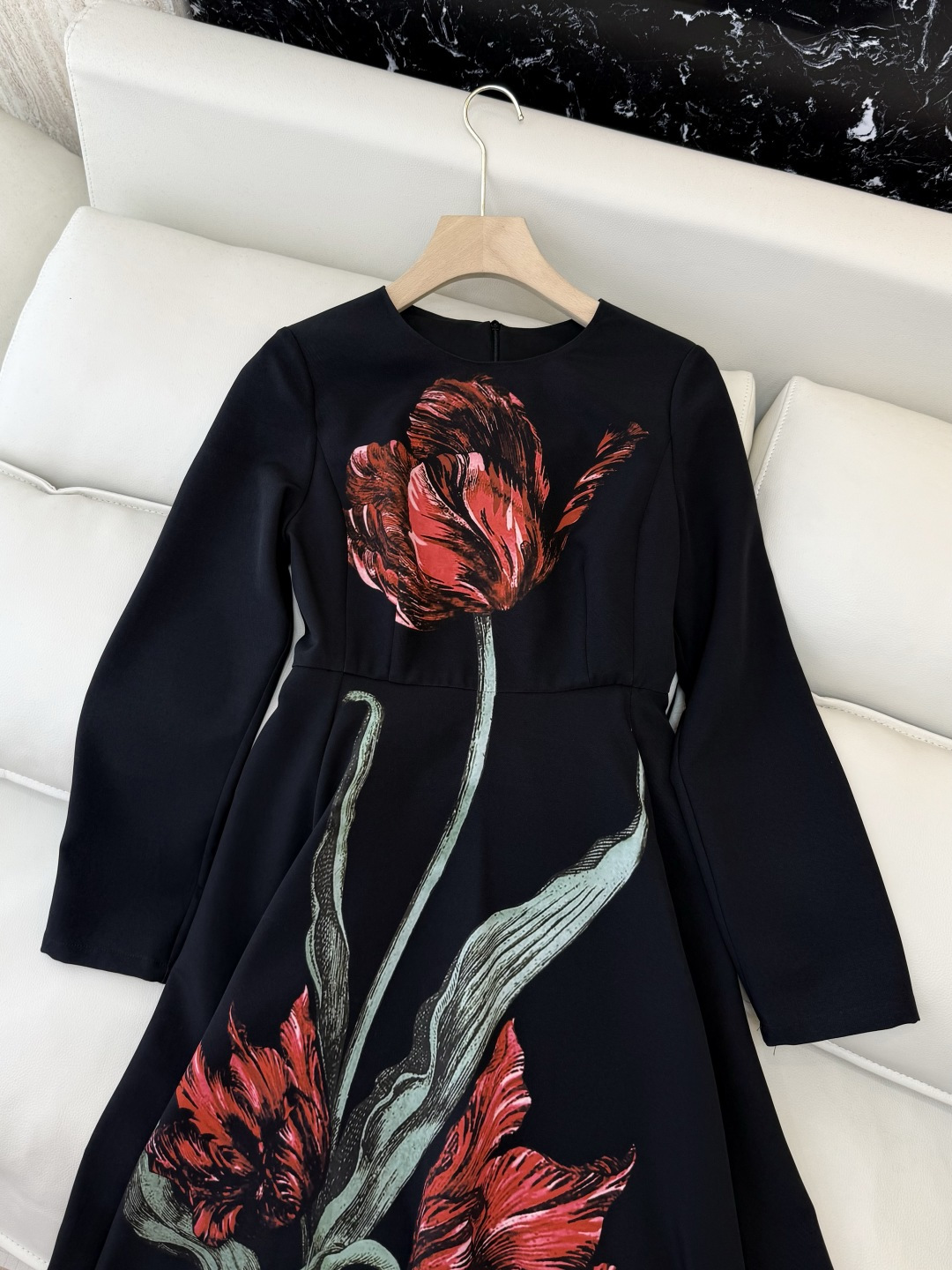 XF066#新款连衣裙💕郁金香印花 小黑裙 长袖长裙 连衣裙 黑色 SMLXL