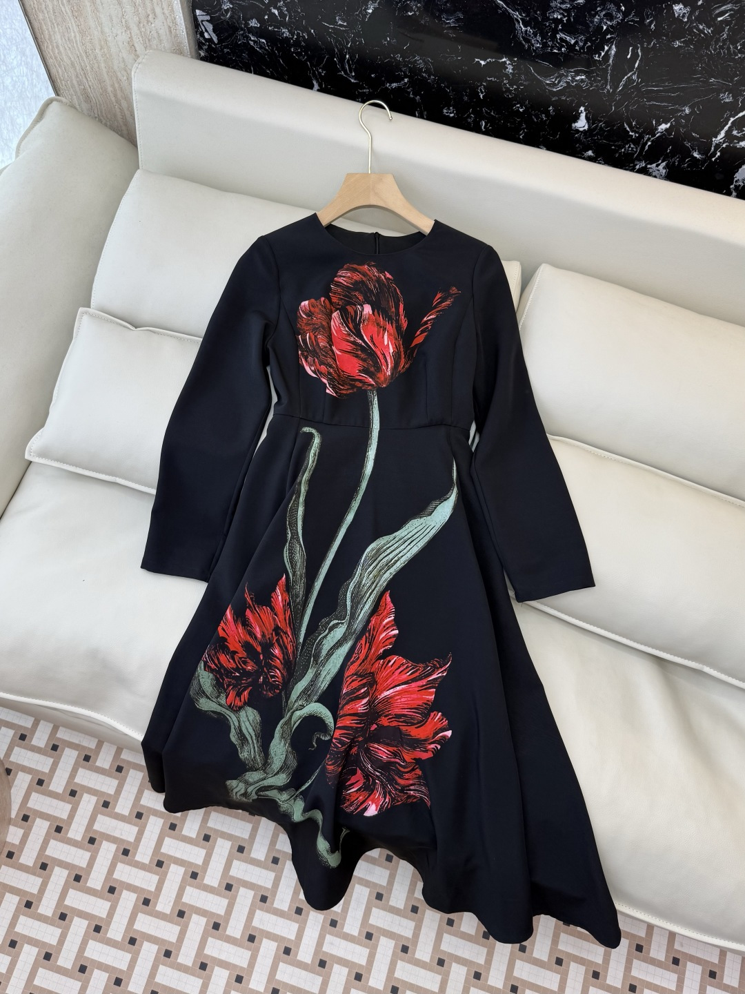 XF066#新款连衣裙💕郁金香印花 小黑裙 长袖长裙 连衣裙 黑色 SMLXL