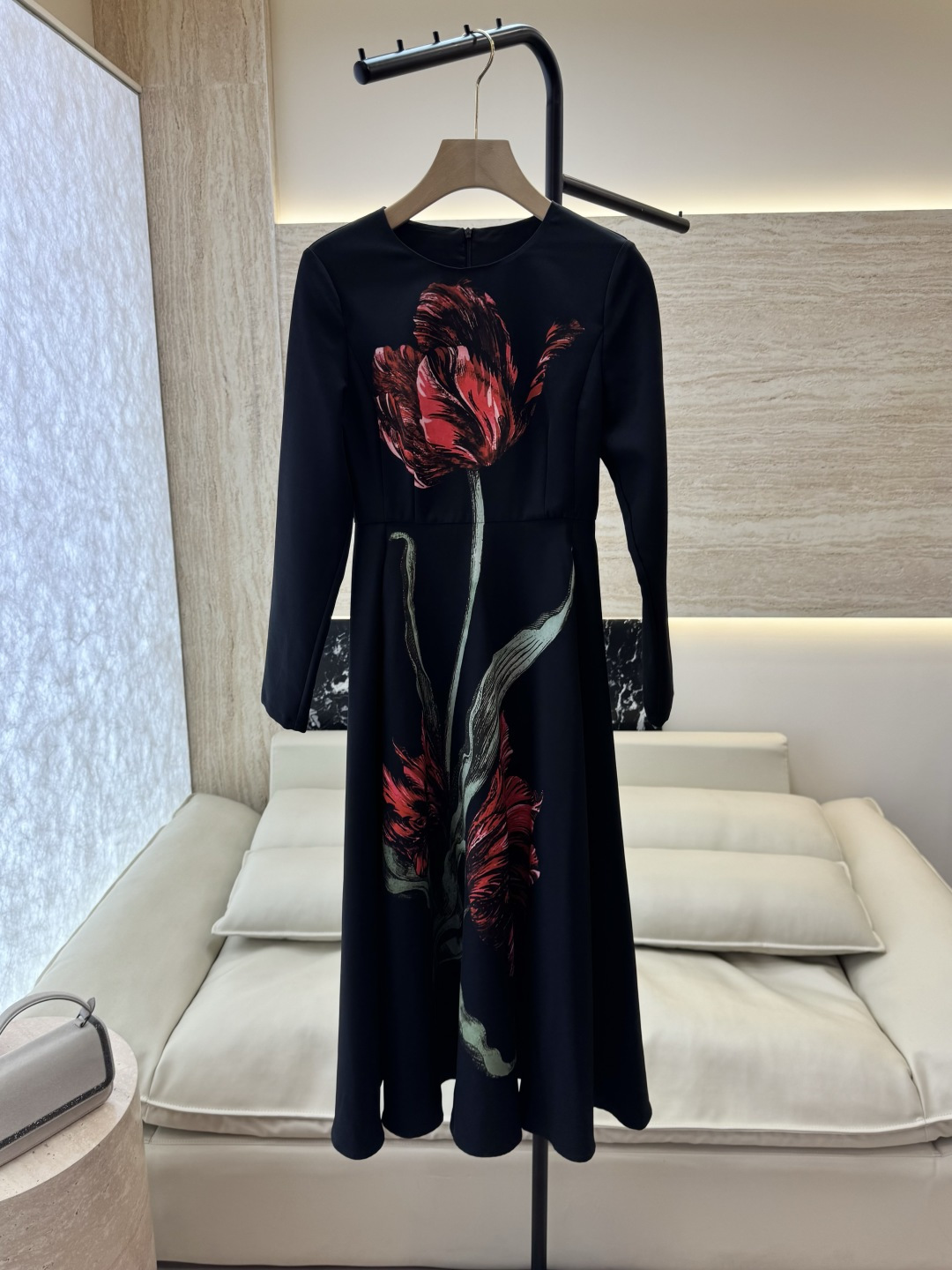 XF066#新款连衣裙💕郁金香印花 小黑裙 长袖长裙 连衣裙 黑色 SMLXL