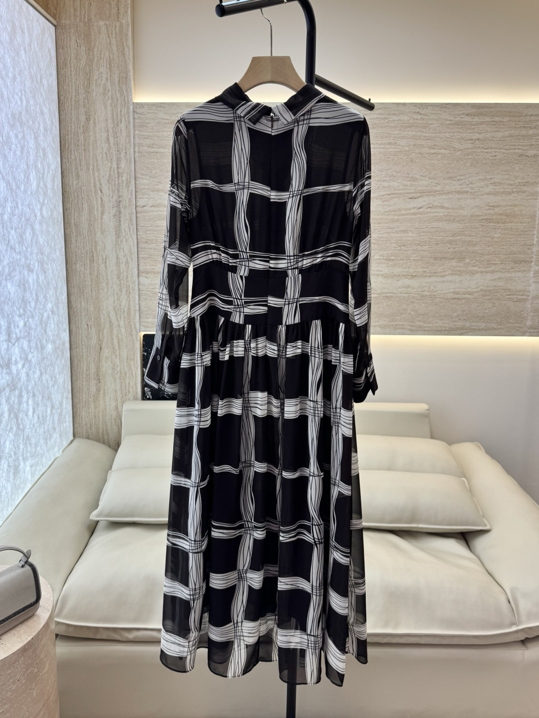 XF050#新款连衣裙💕几何拼色印花长袖 连衣裙 黑白色 SMLXL