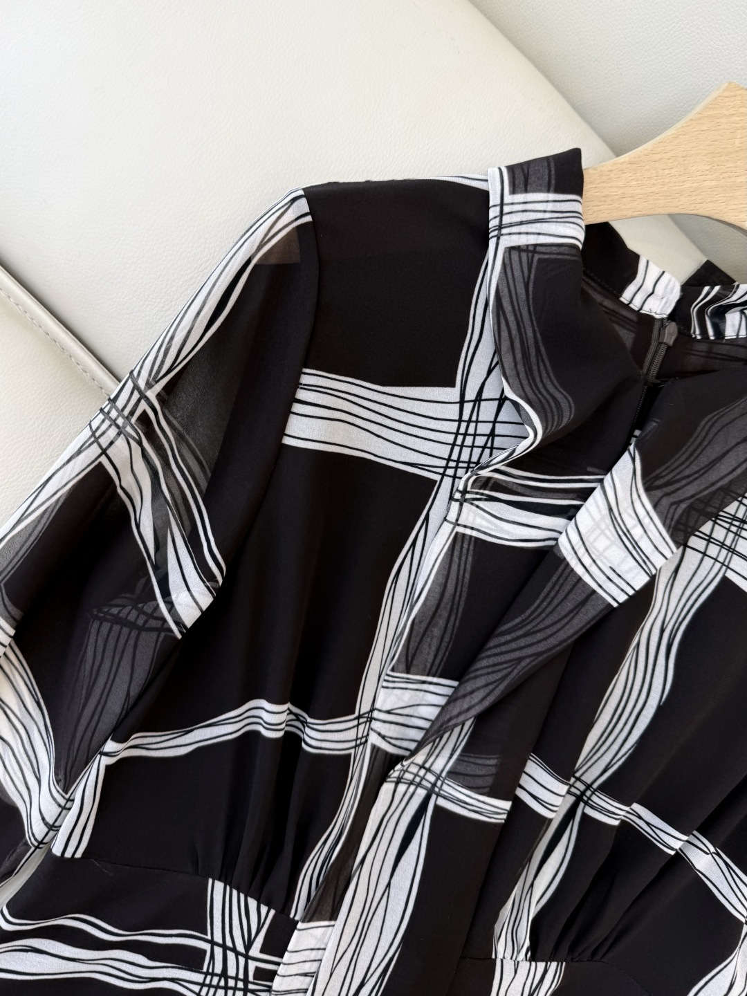 XF050#新款连衣裙💕几何拼色印花长袖 连衣裙 黑白色 SMLXL