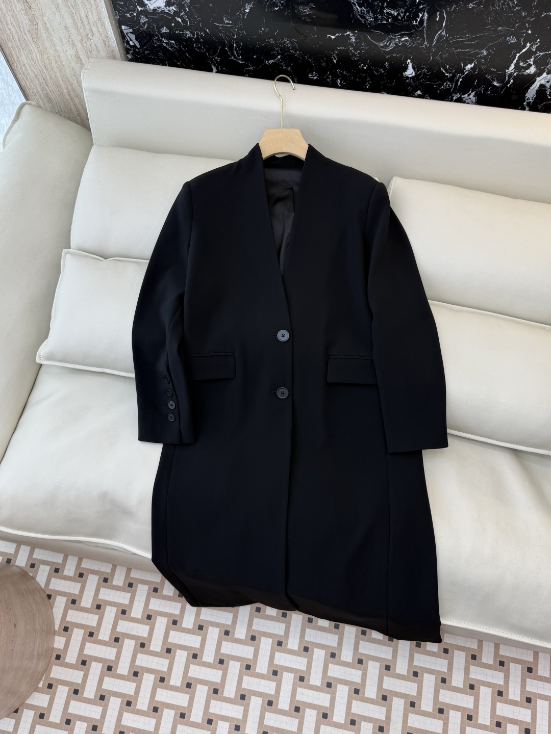 XF064#新款外套💕极简风 V领长西装外套款风衣 黑色 SMLXL