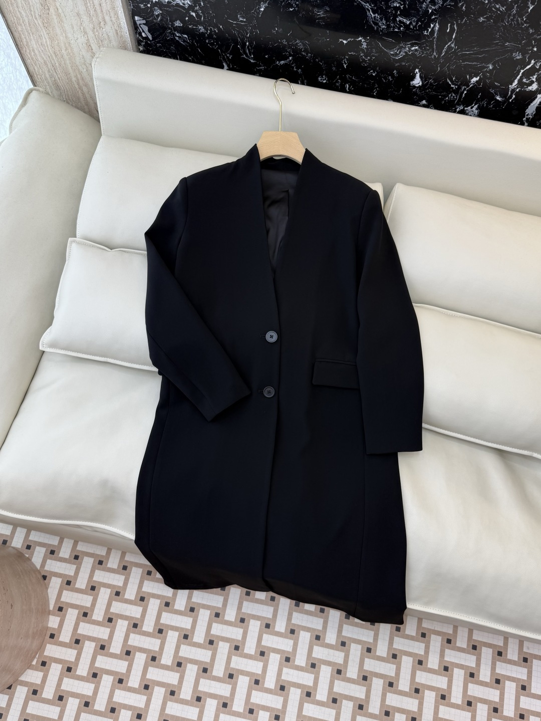 XF064#新款外套💕极简风 V领长西装外套款风衣 黑色 SMLXL