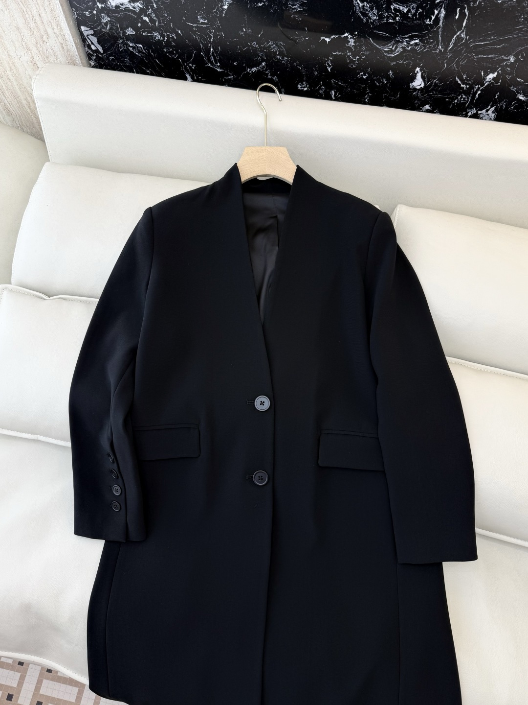 XF064#新款外套💕极简风 V领长西装外套款风衣 黑色 SMLXL