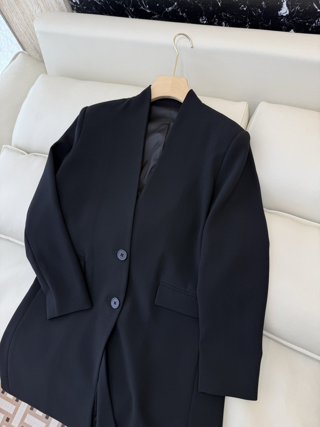 XF064#新款外套💕极简风 V领长西装外套款风衣 黑色 SMLXL