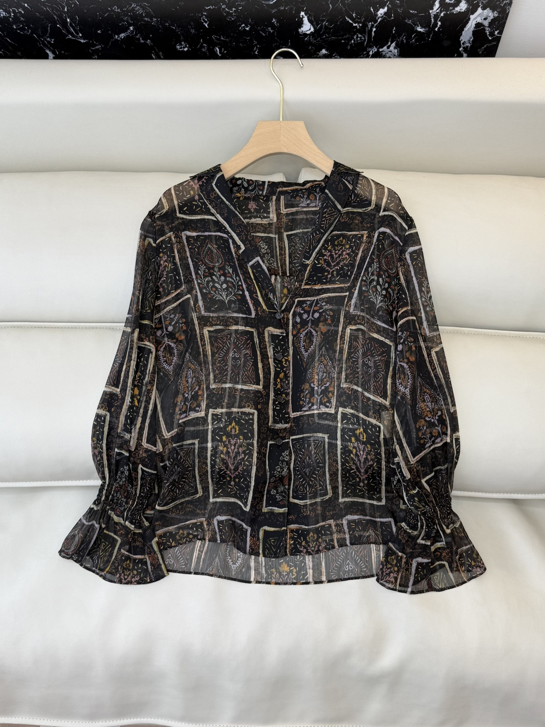 XF047#新款衬衫💕几何图腾印花长袖上衣 SMLXL