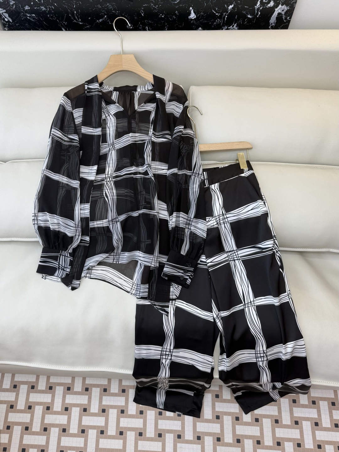 XF049#新款套装💕几何拼色印花长袖衬衫➕长裤套装 黑白色 SMLXL