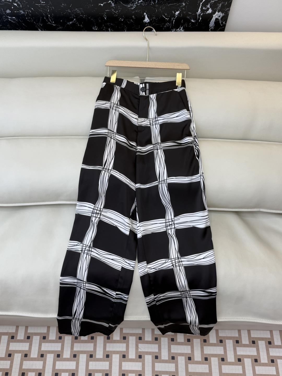 XF049#新款套装💕几何拼色印花长袖衬衫➕长裤套装 黑白色 SMLXL