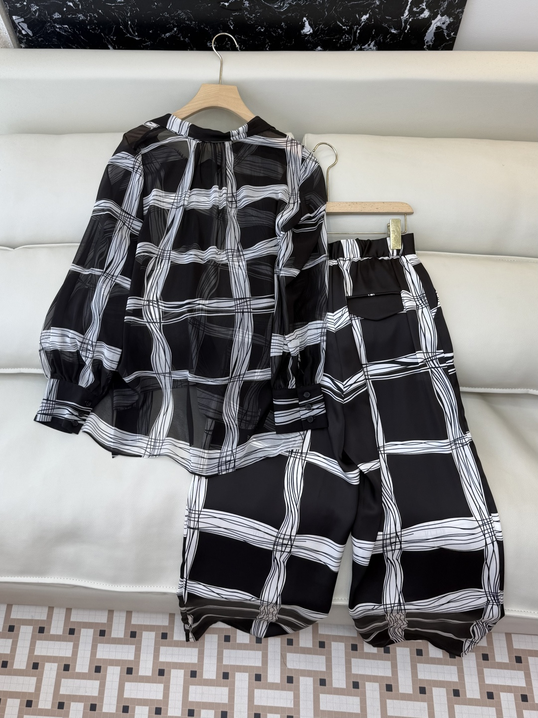 XF049#新款套装💕几何拼色印花长袖衬衫➕长裤套装 黑白色 SMLXL