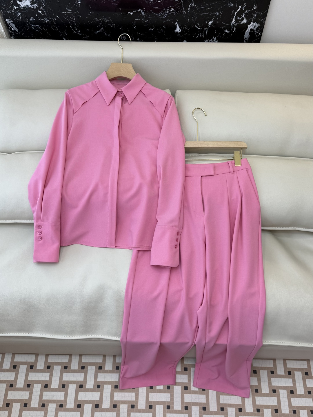 XF048#新款套装💕桃粉色 长袖衬衫➕长裤套装 粉色 SMLXL