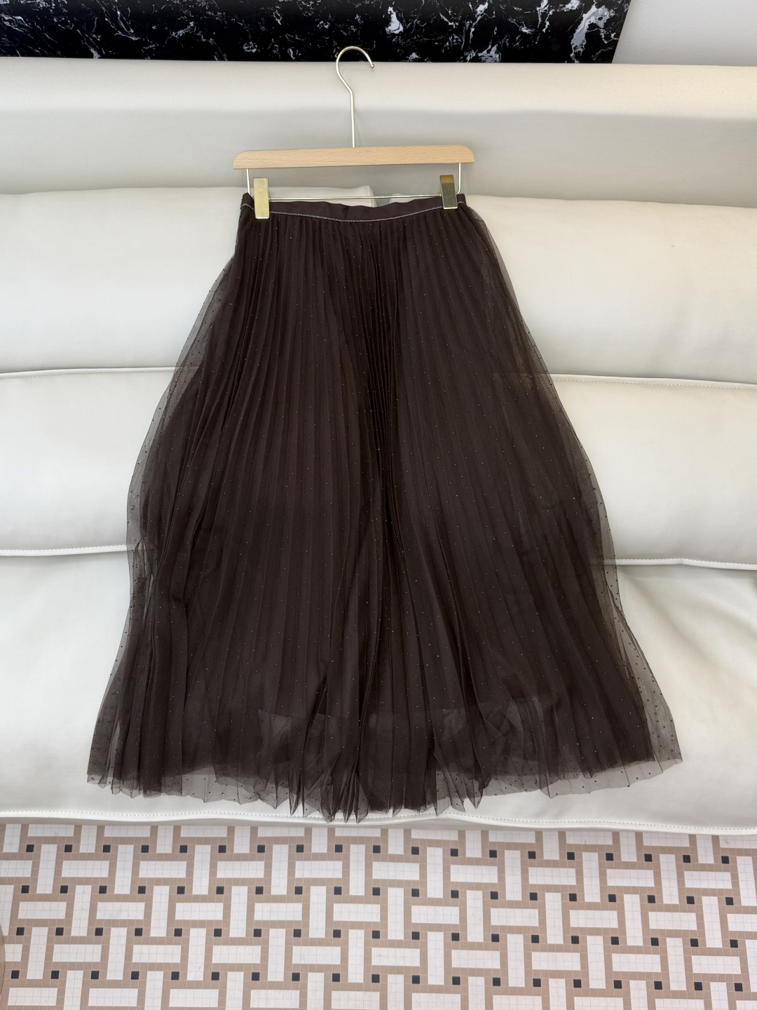 QD7958#新款半裙💕BC 网纱烫钻 百褶半裙 美拉德色 米白色 SMLXL