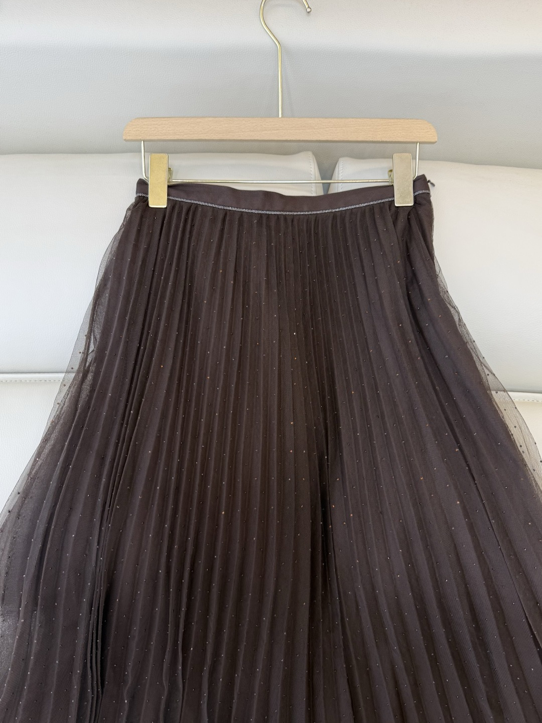 QD7958#新款半裙💕BC 网纱烫钻 百褶半裙 美拉德色 米白色 SMLXL