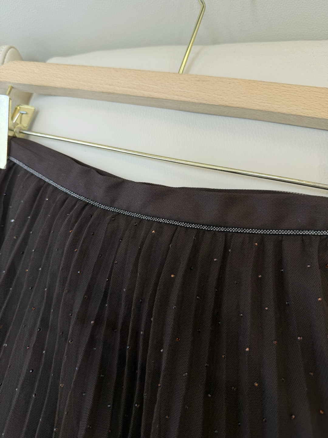 QD7958#新款半裙💕BC 网纱烫钻 百褶半裙 美拉德色 米白色 SMLXL