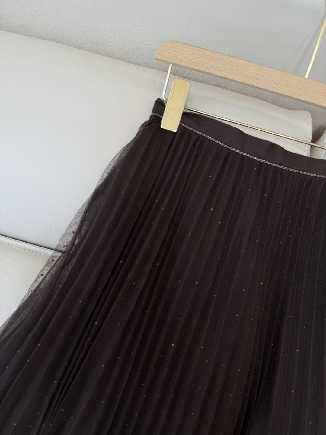 QD7958#新款半裙💕BC 网纱烫钻 百褶半裙 美拉德色 米白色 SMLXL