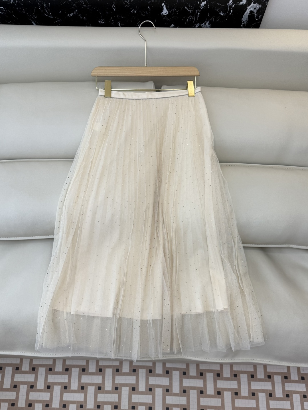QD7958#新款半裙💕BC 网纱烫钻 百褶半裙 美拉德色 米白色 SMLXL