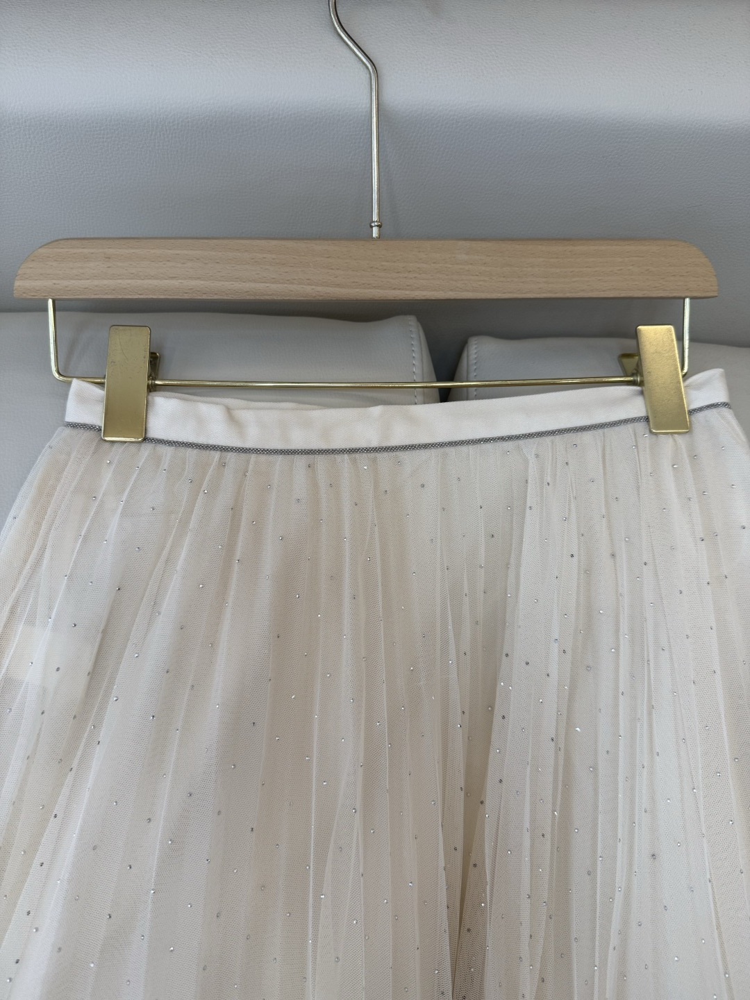 QD7958#新款半裙💕BC 网纱烫钻 百褶半裙 美拉德色 米白色 SMLXL